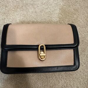Jules Kae Structured Crossbody Clutch Beige Black Gold Hardware NWT